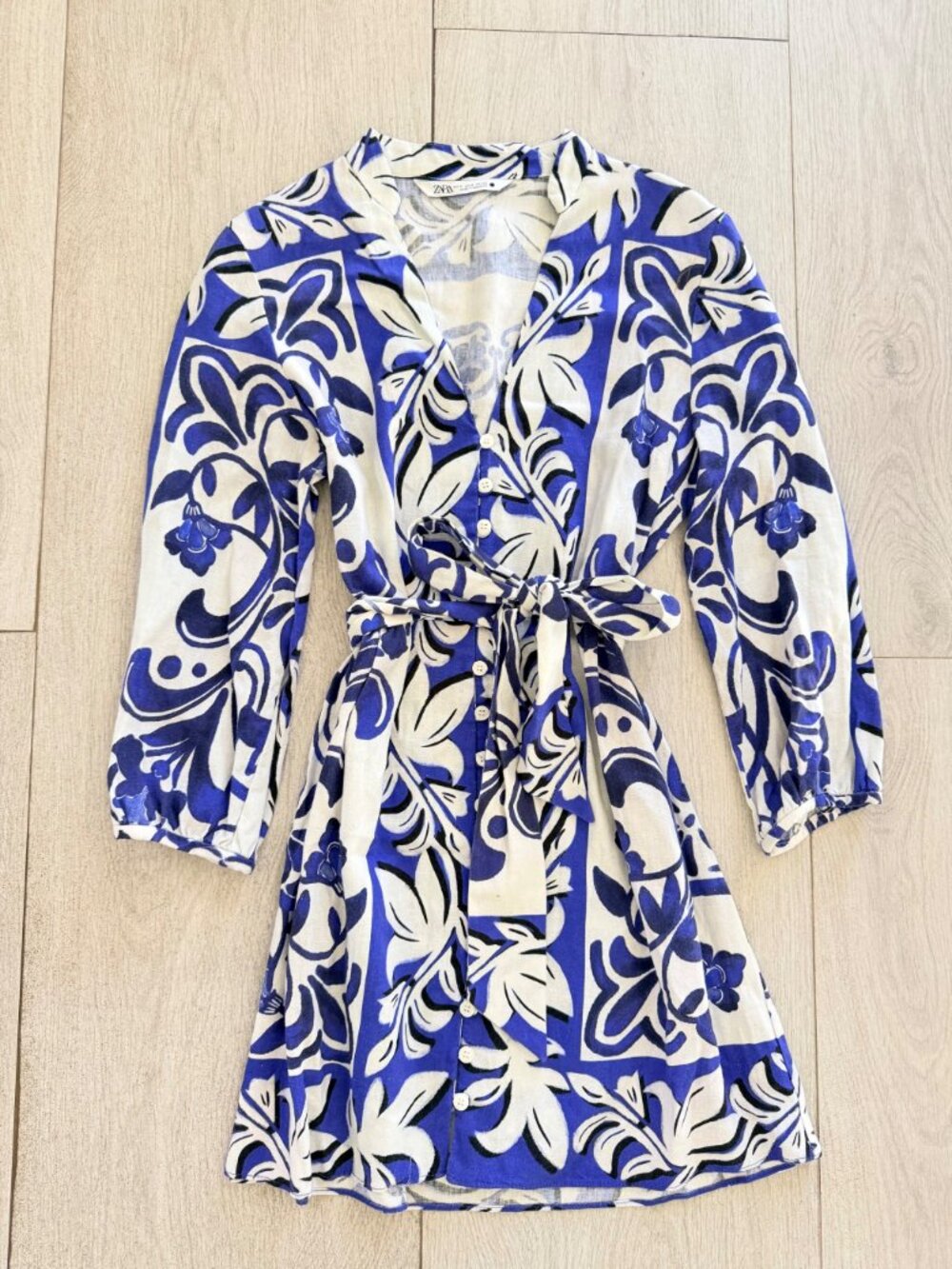 Zara Blue White Printed Long Sleeve Mini Dress Button Front Tie Waist